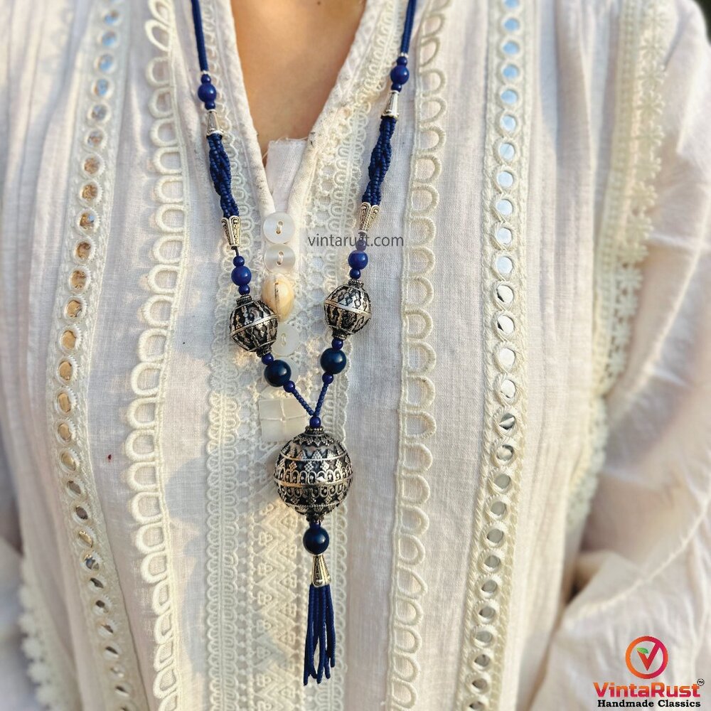 Blue Beaded Pendant Necklace: Silver Tribal Charms, Boho Chic Tassel